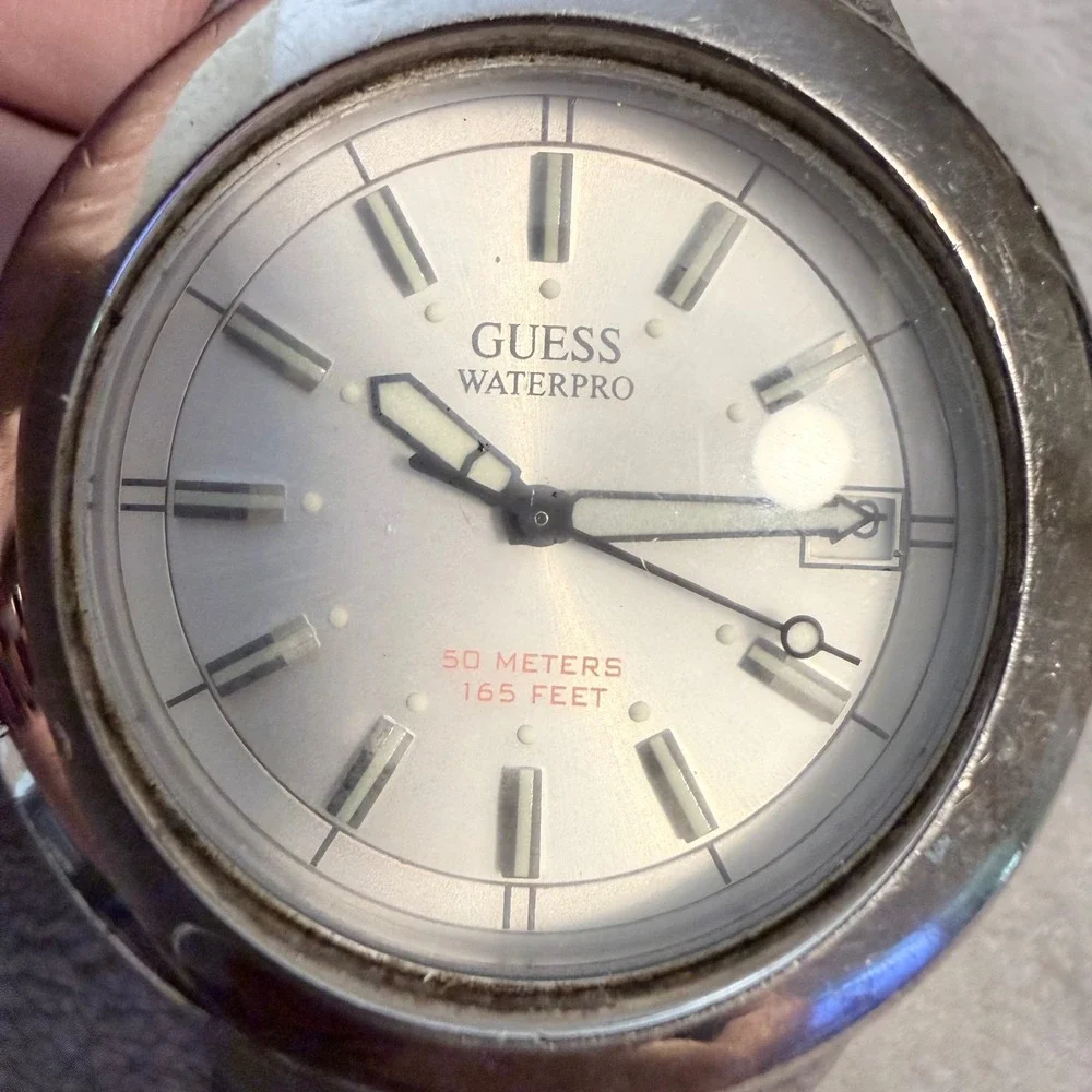 Vintage Guess Waterpro Silver Tone Watch 50M White Dial Bracelet Untested